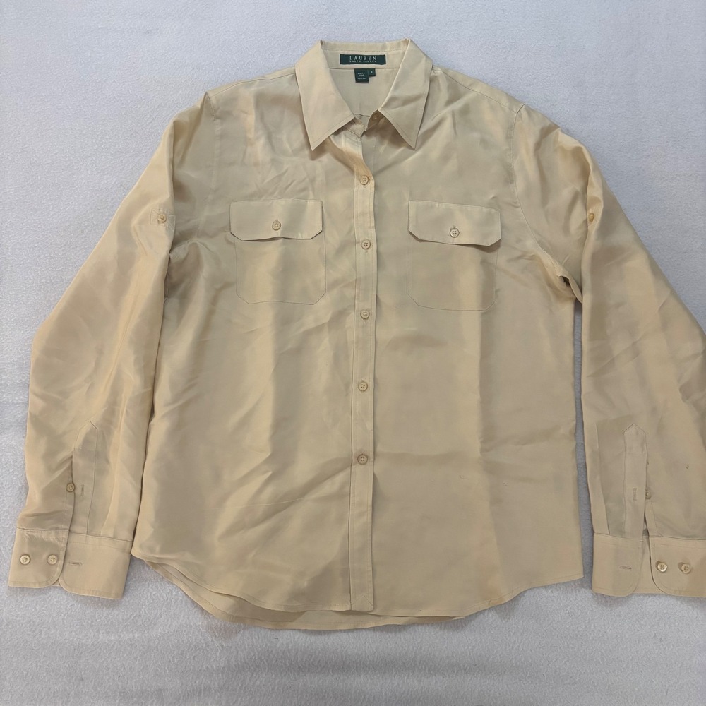Lauren Ralph Lauren Women 8 Beige 100% Silk Roll Tab Utility Button Down Shirt